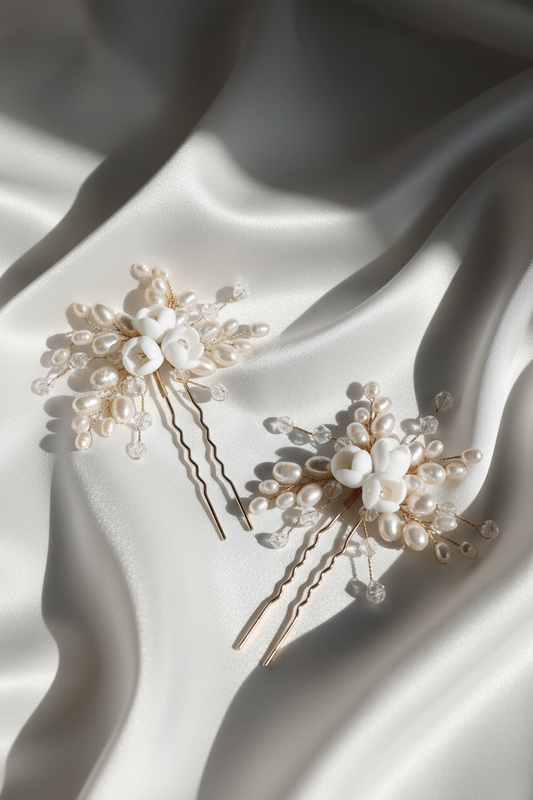 Set de dos pins de novia hechos con flores de porcelana fria, perlas naturales y cristales checos