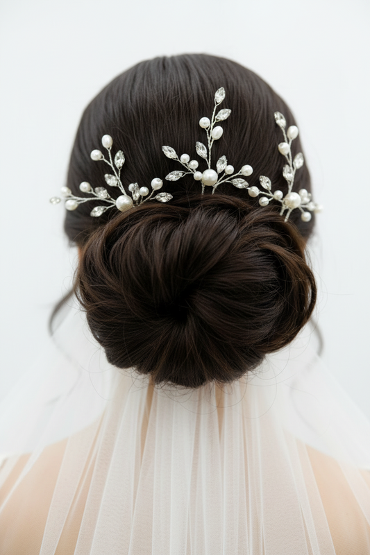 set de 3 pins de novia en color plata con perlas naturales y cristales tipo circón
