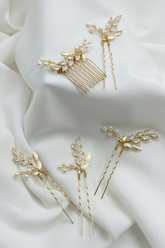 Tocado de novia, set de peine y 4 pins con circones y perlas naturales