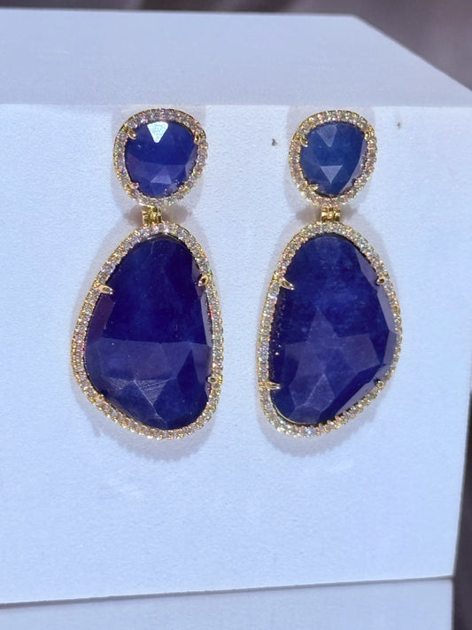 aros piedra azul doble caída con circones bañados en oro