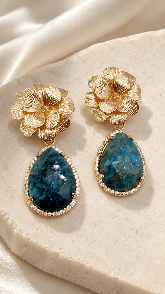 Aros Flor Dorada con Apatita Azul y Circones