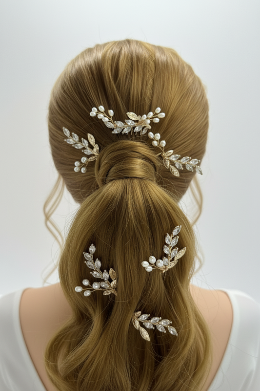 Tocado de novia, set de peine y 4 pins con circones y perlas naturales