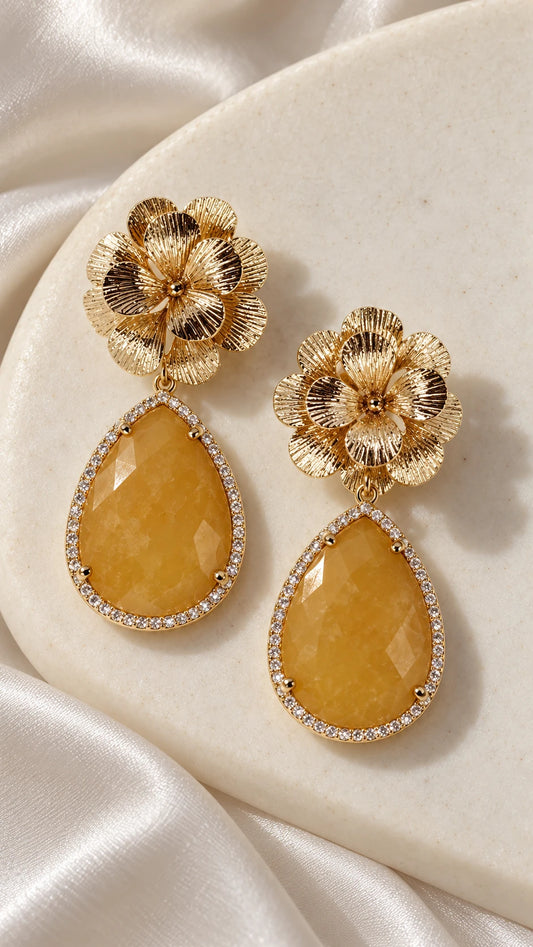 Aros Flor Dorada con Ágata Amarilla Natural