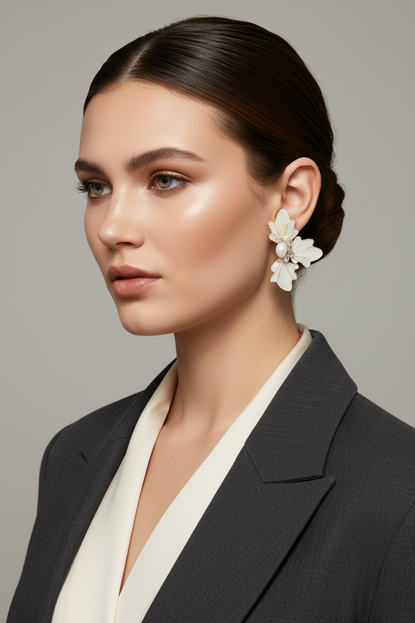 aros flor blanco mate con cristales elegantes livianos 