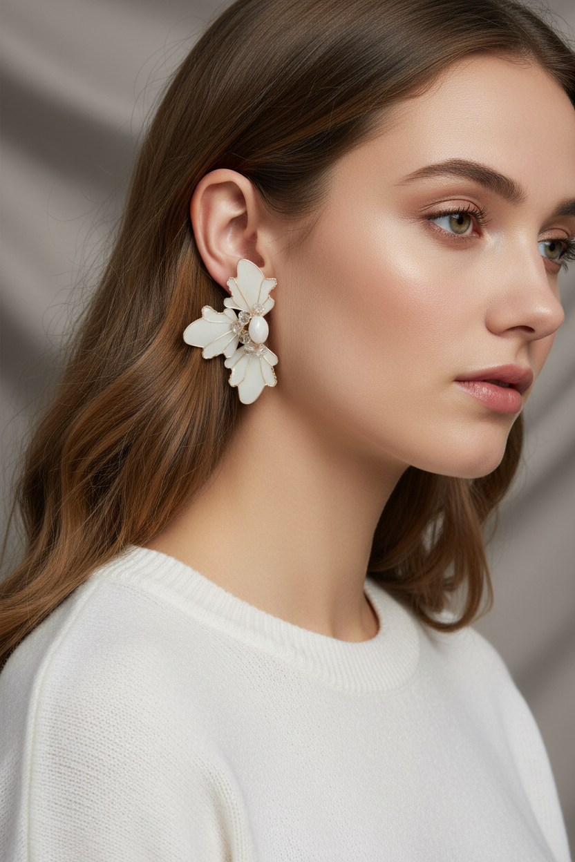 aros flor blanco mate con cristales elegantes livianos hipoalergénicos 