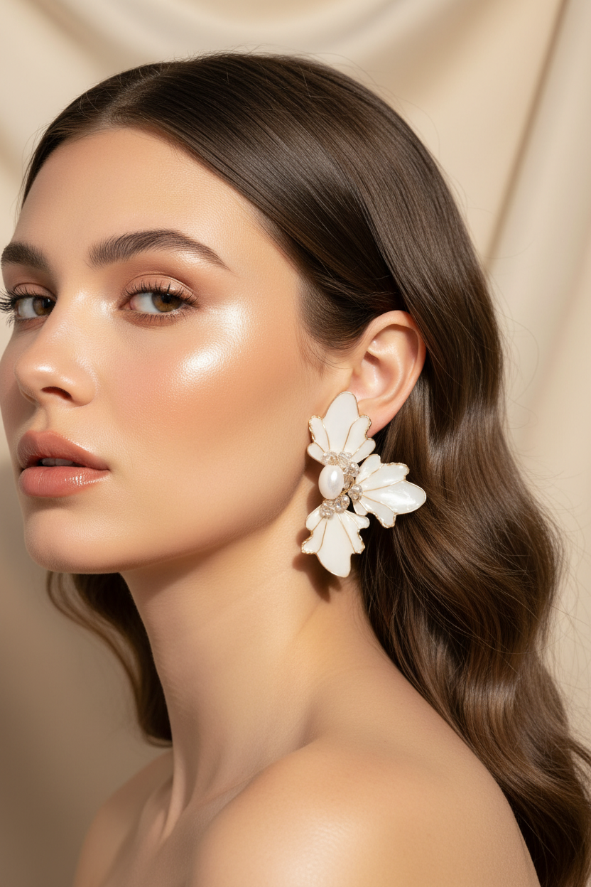 aros flor blanco mate y cristales novias eventos livianos femeninos La Merced Joyas