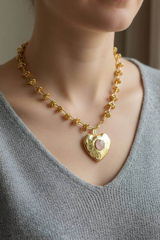 collar corazón con cuarzo rosa bañado en oro e hipoalergénico usado por mujer