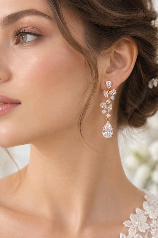 Aros hojas de circones con gota y baño de oro rosa