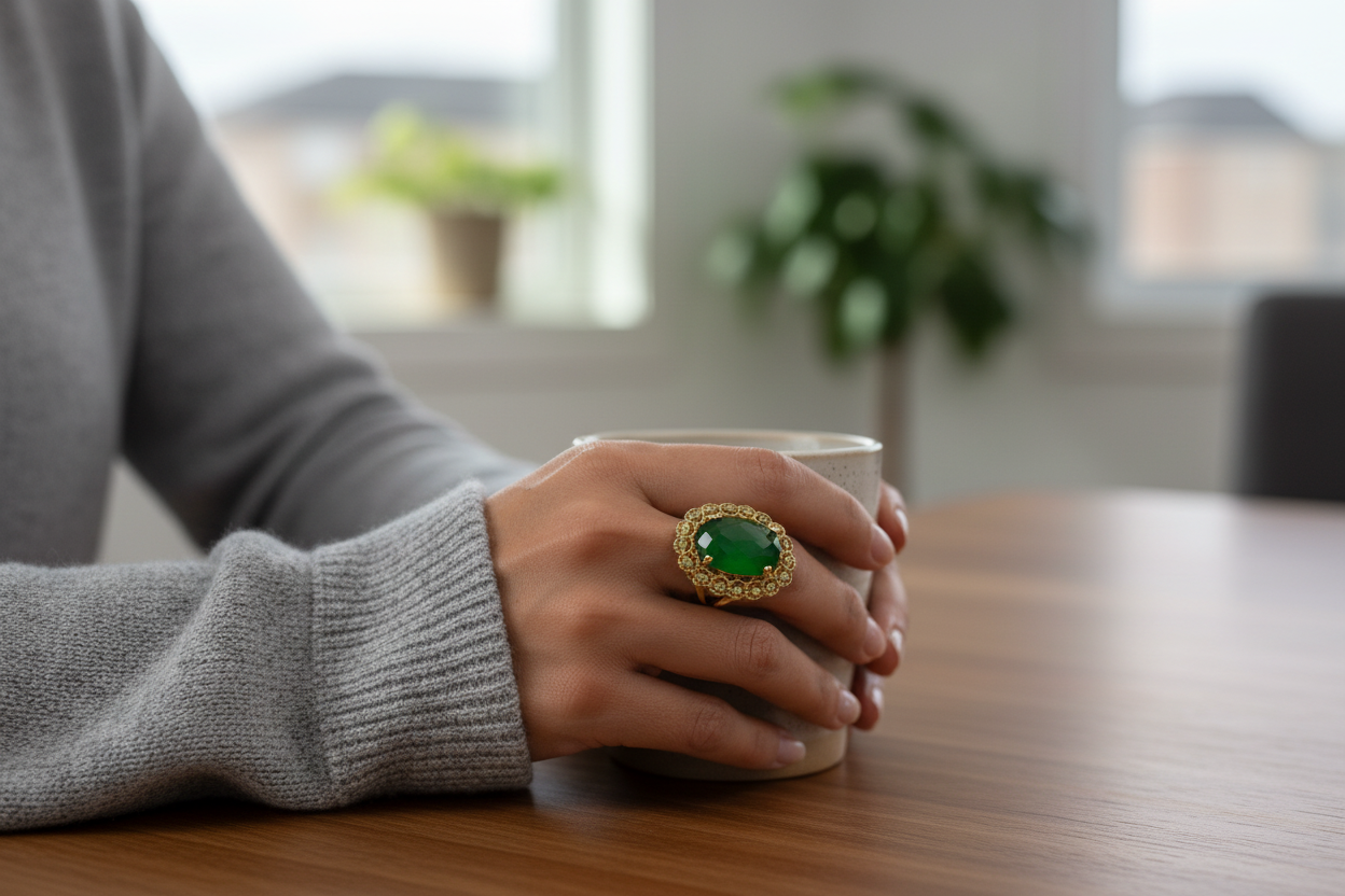 Anillo verde de piedras naturales bañado en oro ajustable a cualquier talla