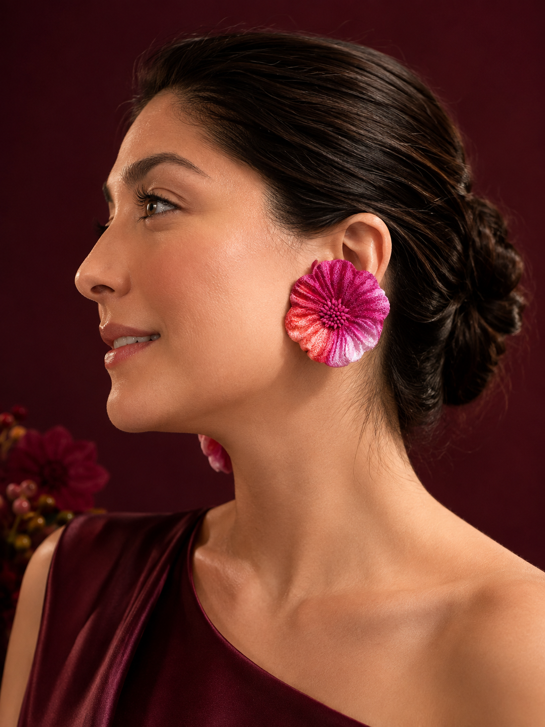 Aros Maxi Flor Terciopelo Degradé Fucsia 
