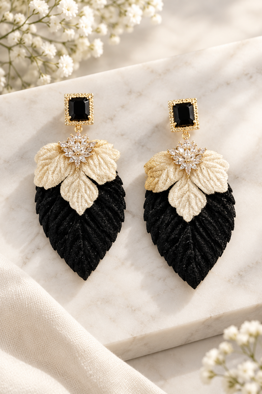 Aros doble hoja de terciopelo negro y dorado, grandes y livianos