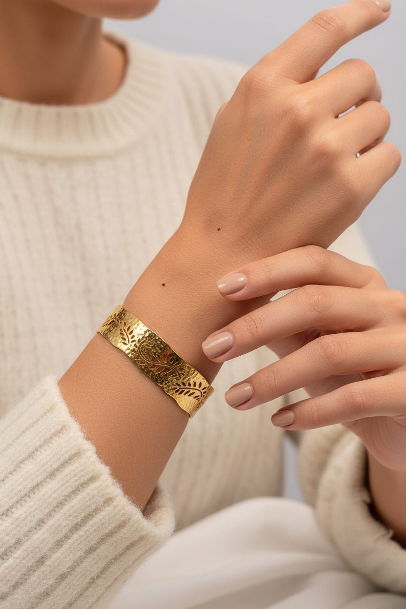 sta pulsera botánica bañada en oro 18K es perfecta para mujeres que buscan una joya elegante, artesanal y con inspiración natural única.