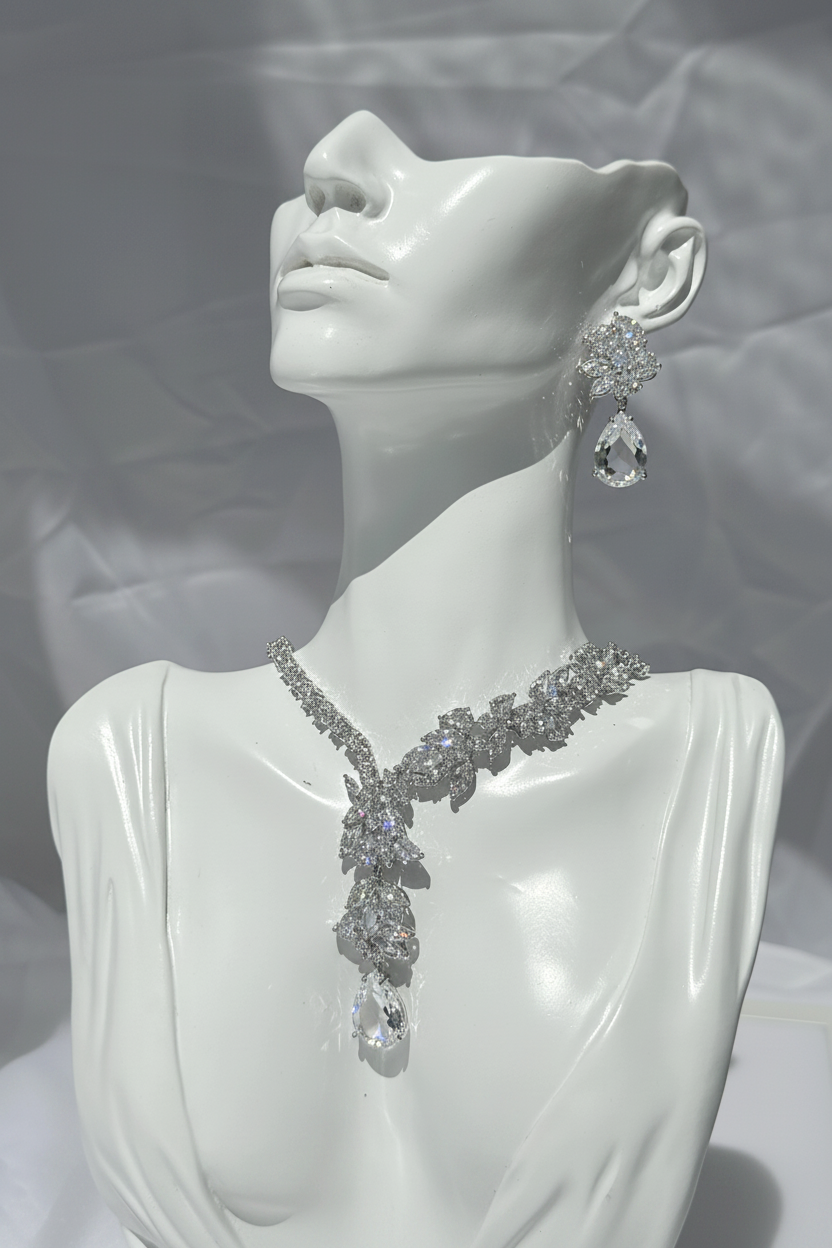 Conjunto de collar y aros de circón traslúcidos  ideal para fiestas y novias  plat 925 baño de rodio hypoalergénico