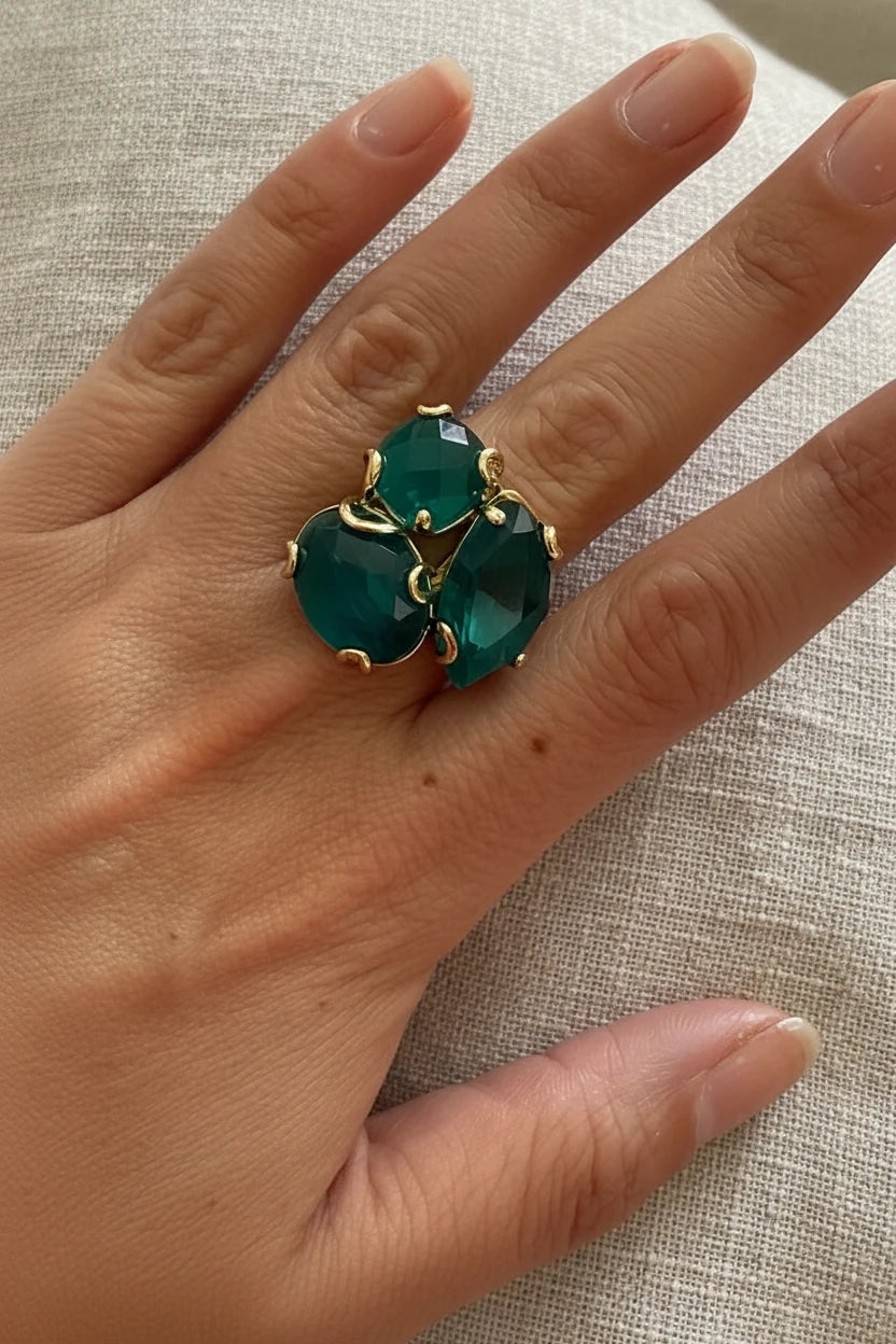 Anillo de piedra natural ojo de gato verde profundo bañado en oro de 18K ajustable 