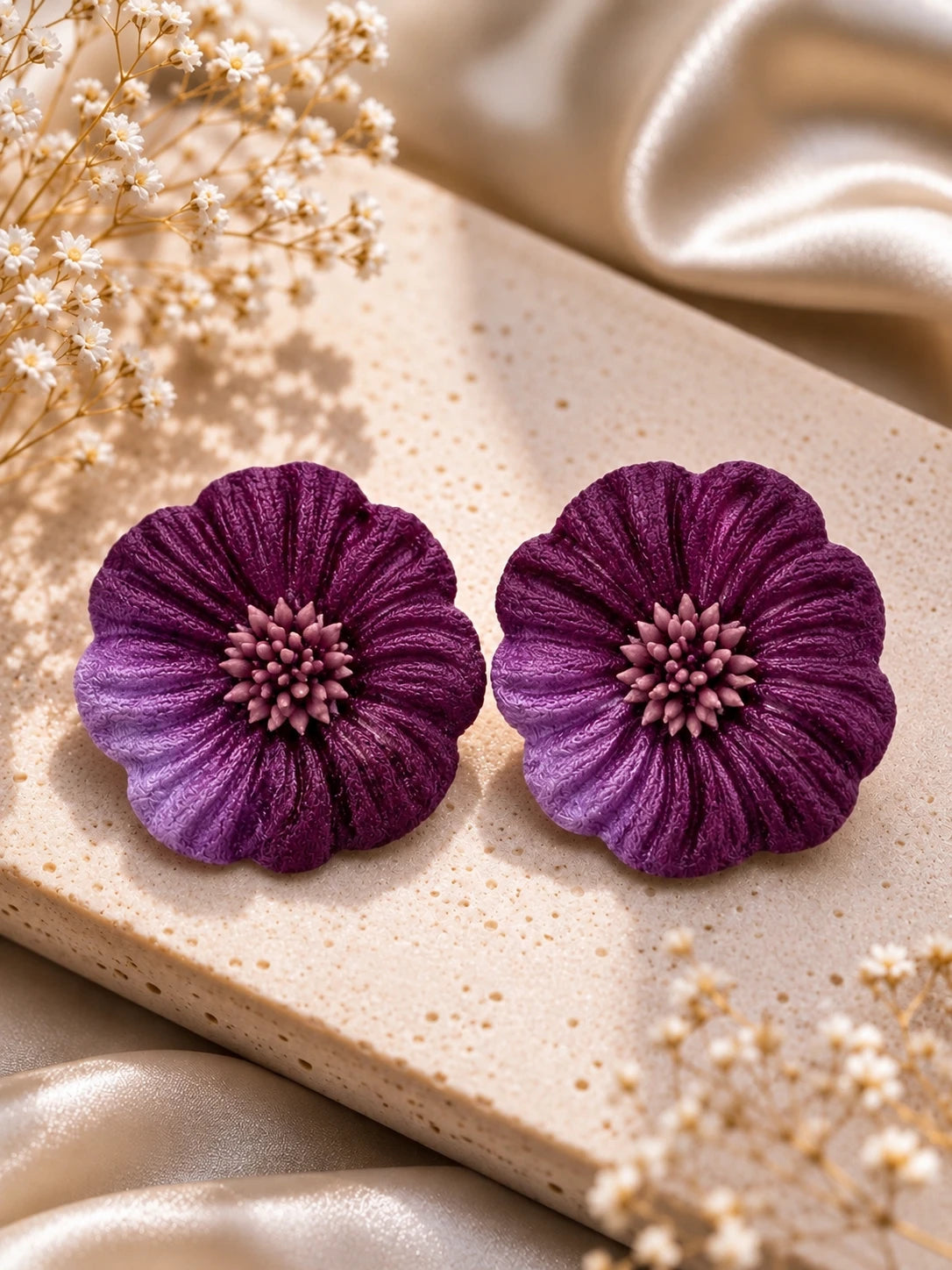 Aros maxi flor de terciopelo degradé violeta, grandes y livianos