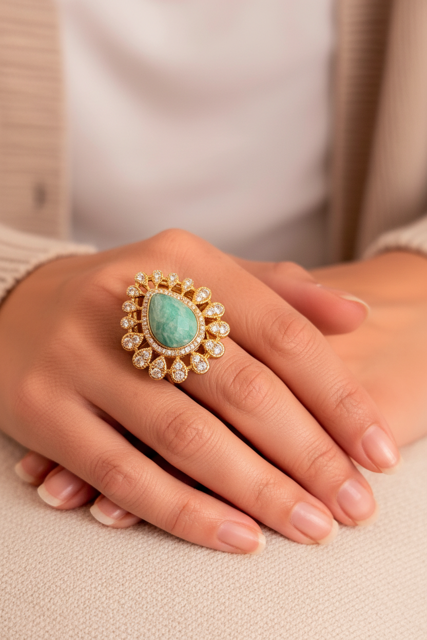 Anillo con amazonita en corte gota bañado en oro 18K con circones, anillo grande elegante para mujer Ideal regalo día de la madre 