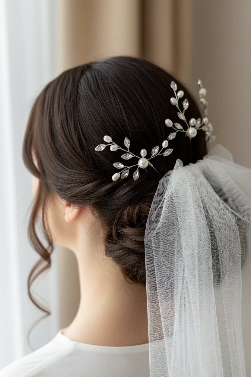 set de 3 pins de novia en color plata con perlas naturales y cristales tipo circón