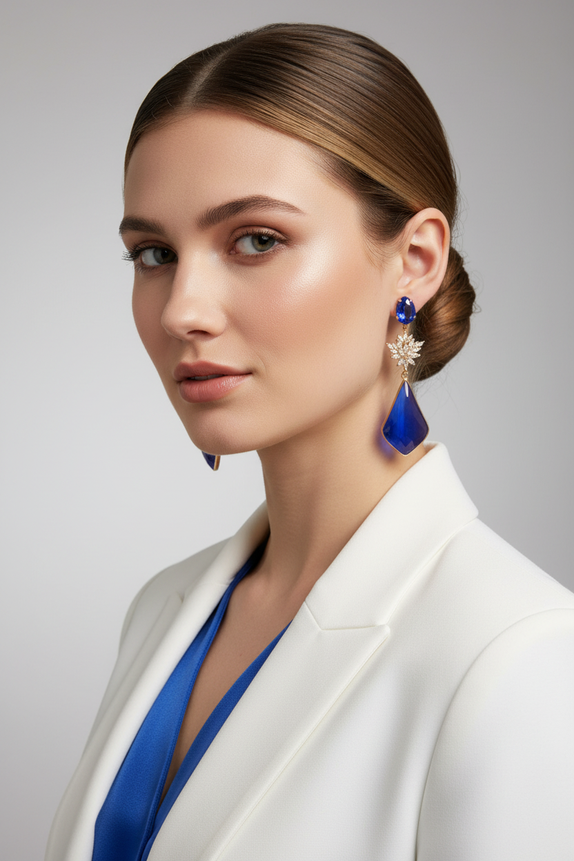 aros elegantes con piedra azul y detalle en estrella Look blanco y azul 