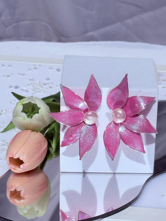 Aros únicos aros de autor aros grandes flor rosa con perla barroca
