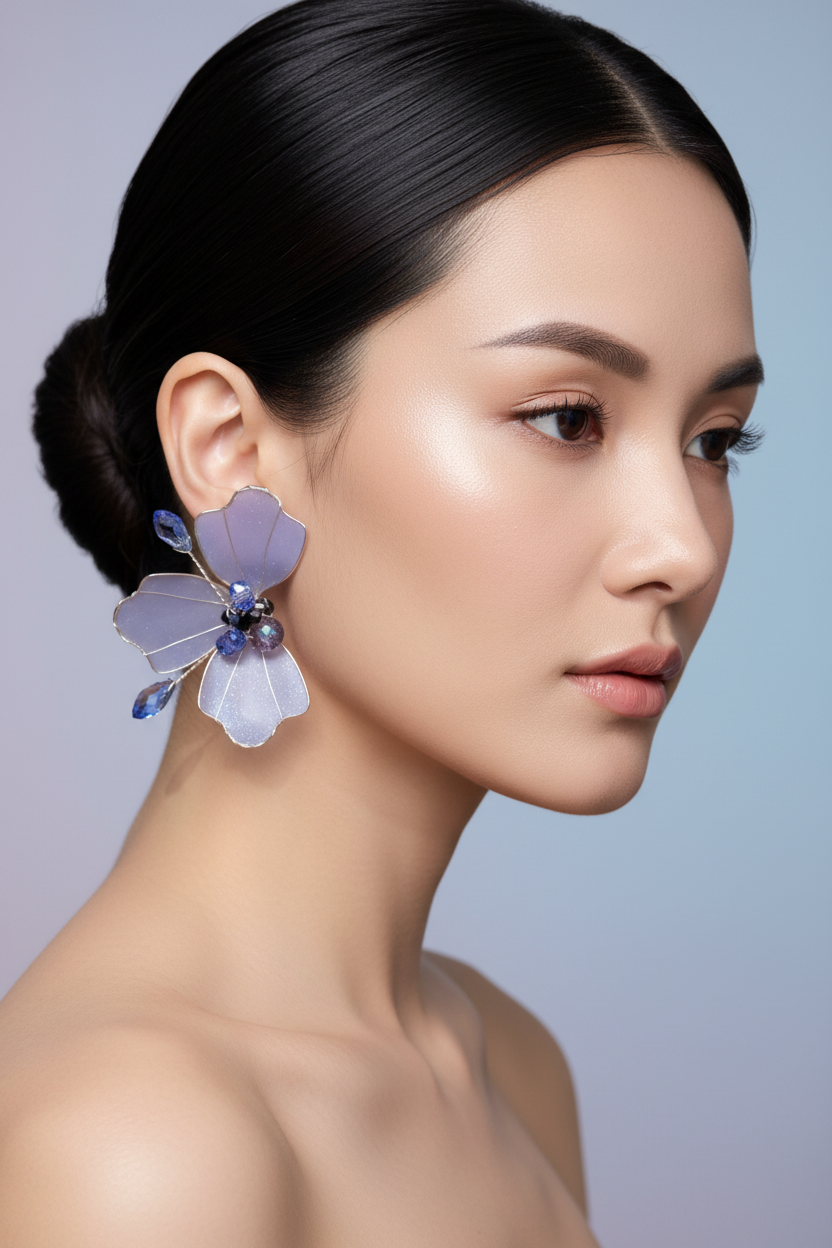 Mujer con aros de cristal en color azulino y cristales checos estilo 