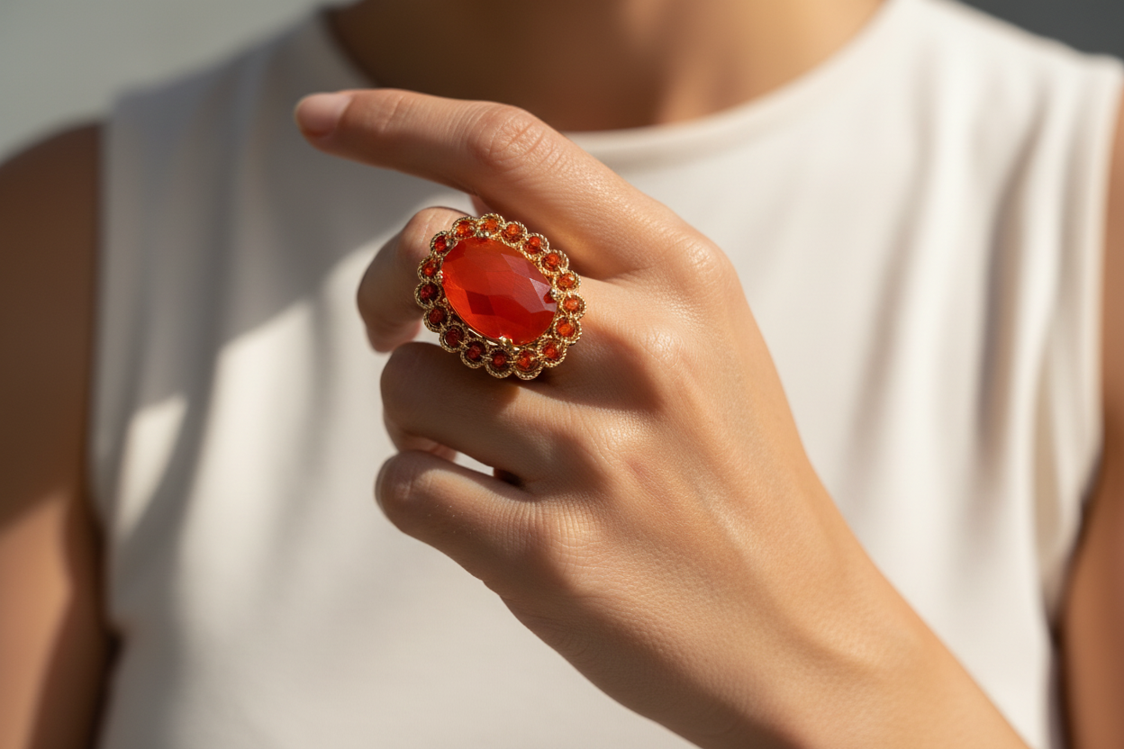 Anillo naranja fuego de piedras naturales bañado en oro ajustable a cualquier talla