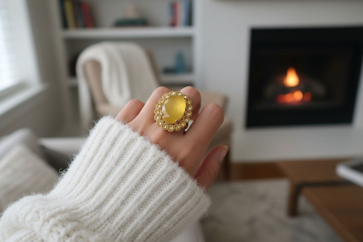 Anillo amarillo de piedras naturales bañado en oro ajustable a cualquier talla 