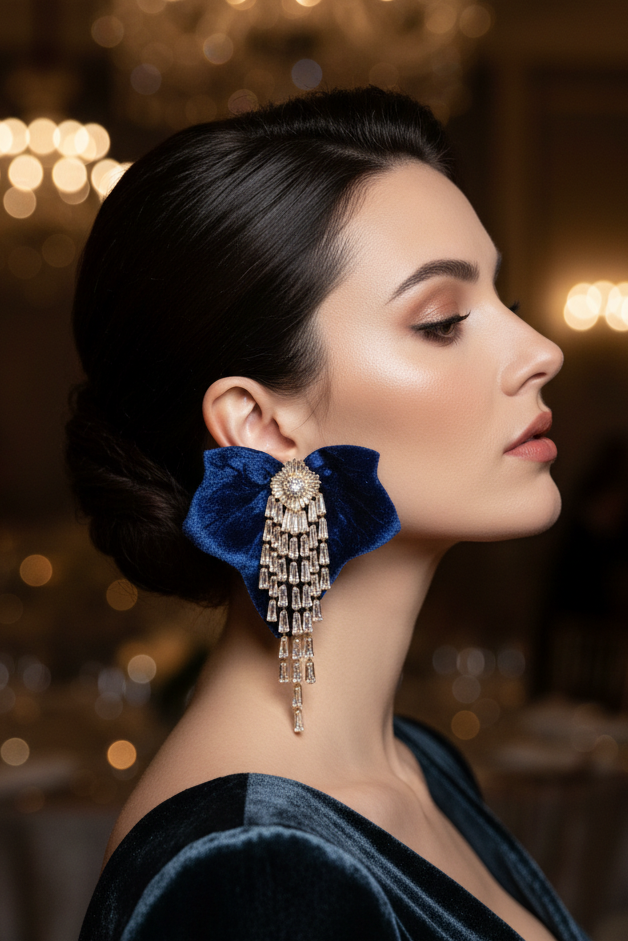 aros terciopelo azul con cascada de circones en plata rodinada Diseño exclusivo aros de autor