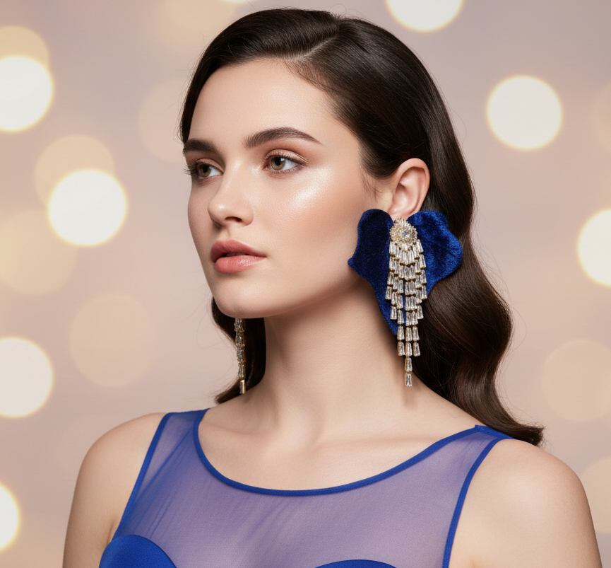 aros terciopelo azul con cascada de circones bañados en oro Diseño exclusivo aros de autor aros de fiesta alta noche 