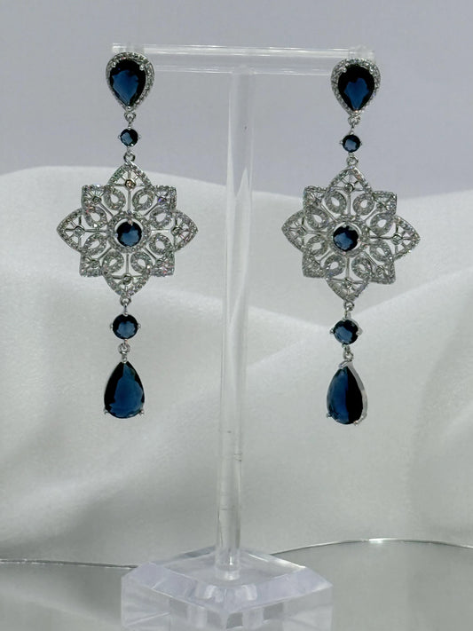 Aros medallón zafiro circones plata 925 rodio - La Merced Joyas Chile