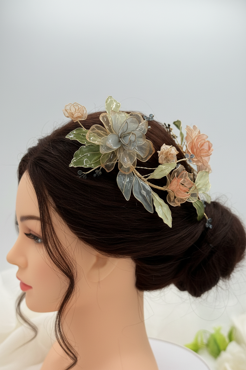 Tocado de novia floreal de dos piezas en colores pastel se puede usar con cualqioer tipo de peinado 