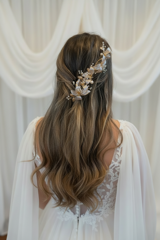 Tocado de novia de flores nacaradas, multiposicion ideal para todo tipo de peinado