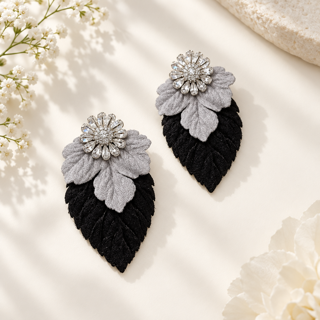Aros doble hoja de terciopelo gris y negro con flor de circones
