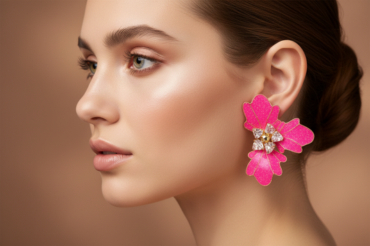 Modelo con aros fucsia flor de cristal en look de evento fiesta matrimonio invitada madrina 