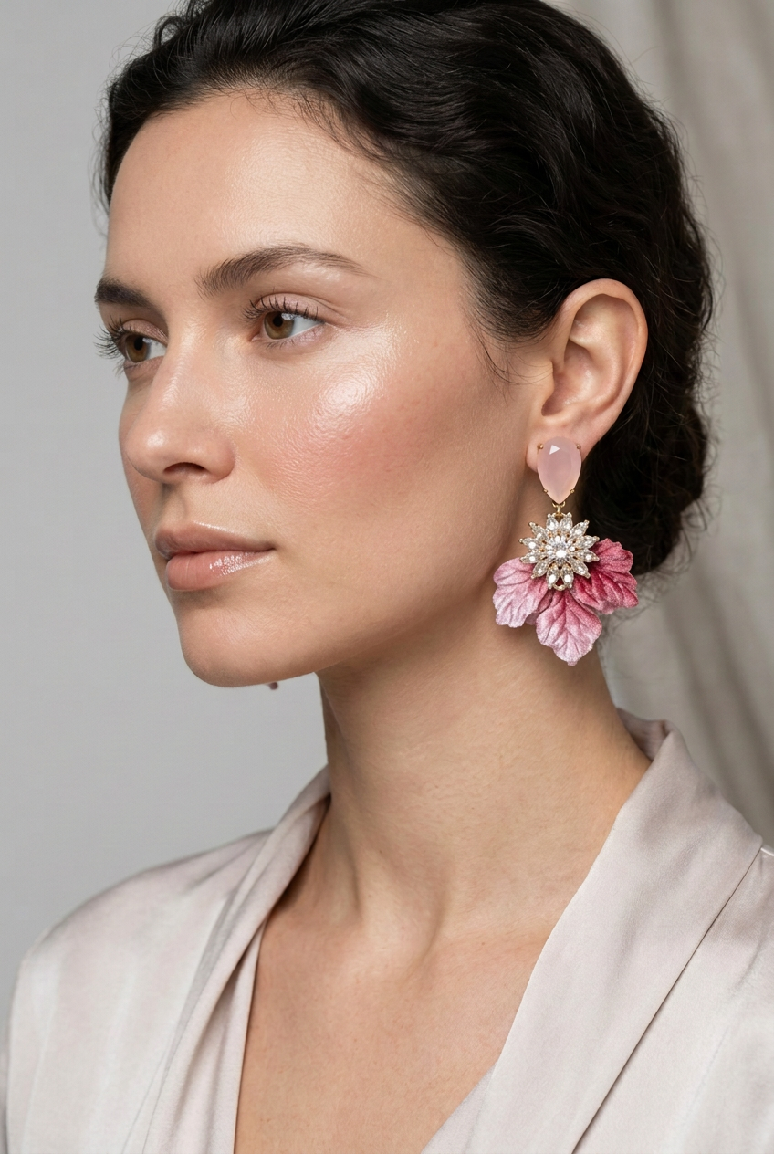 Aros hojas de terciopelo rosa con flor de circones y cuarzo rosa