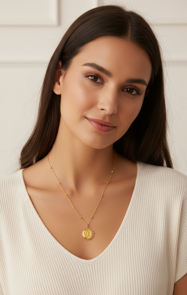 Mujer usando Collar sol y luna baño de oro 18K y circones 