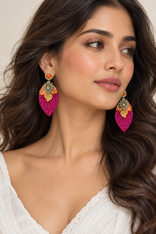 Aros doble hoja de terciopelo fucsia y coral, grandes y livianos