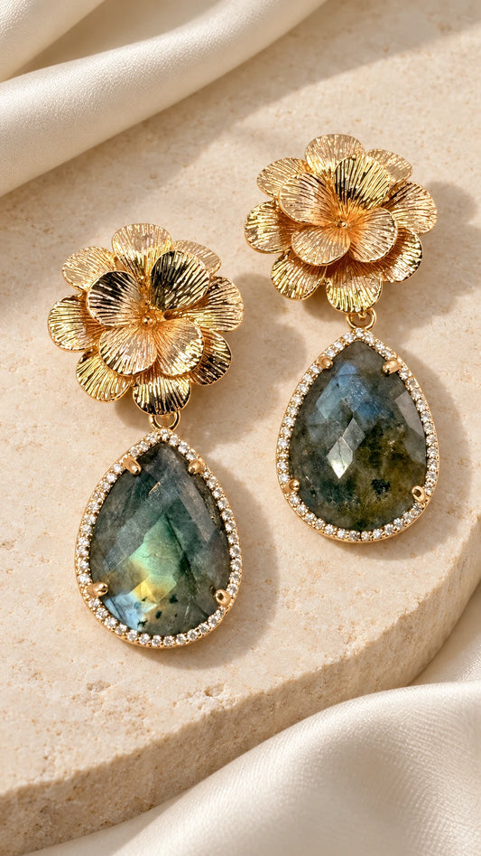 Aros Flor Dorada con Labradorita y Circones