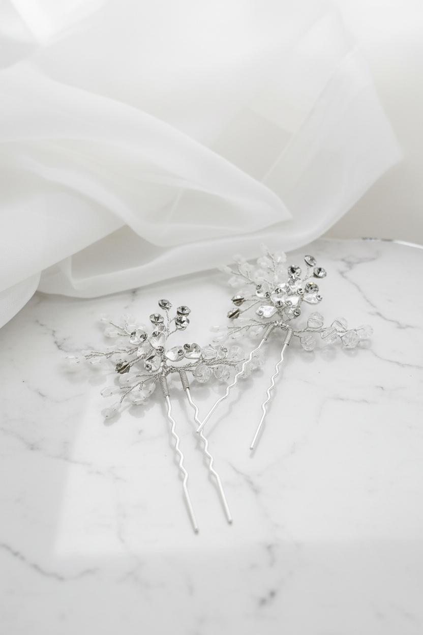 Set de dos pins de novia estilo romantico en color plata y blanco 