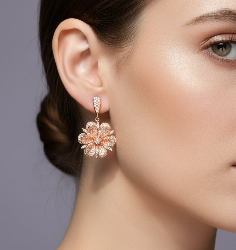 aros flor circones oro rosa joyería elegante
