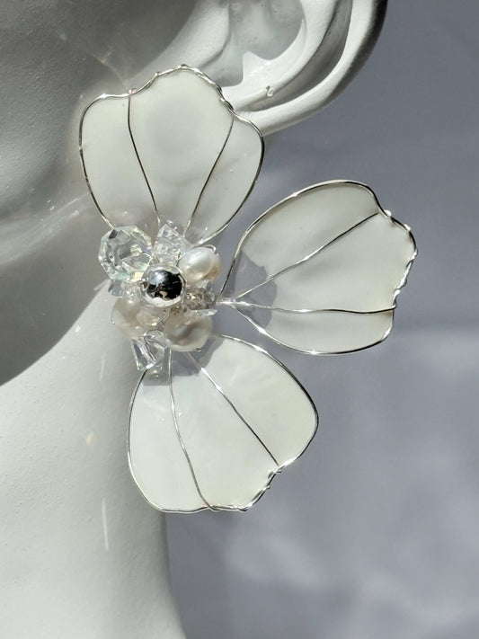 Aros flor de Cristal Blanco Mate y Plata