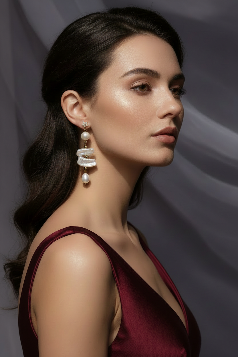 aros largos con perlas barrocas naturales y estrella con circones baño de oro 18k la merced joyas