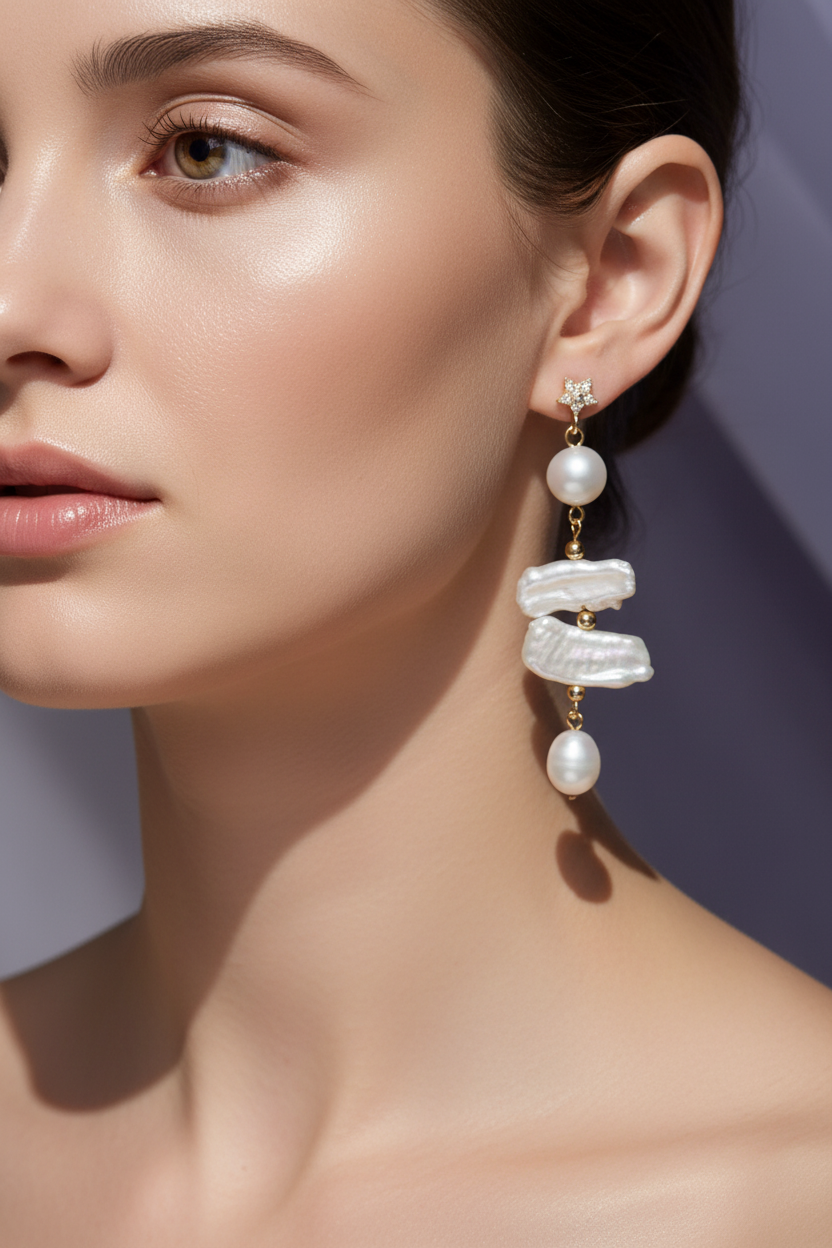 aros largos con perlas barrocas naturales y estrella con circones baño de oro 18k la merced joyas