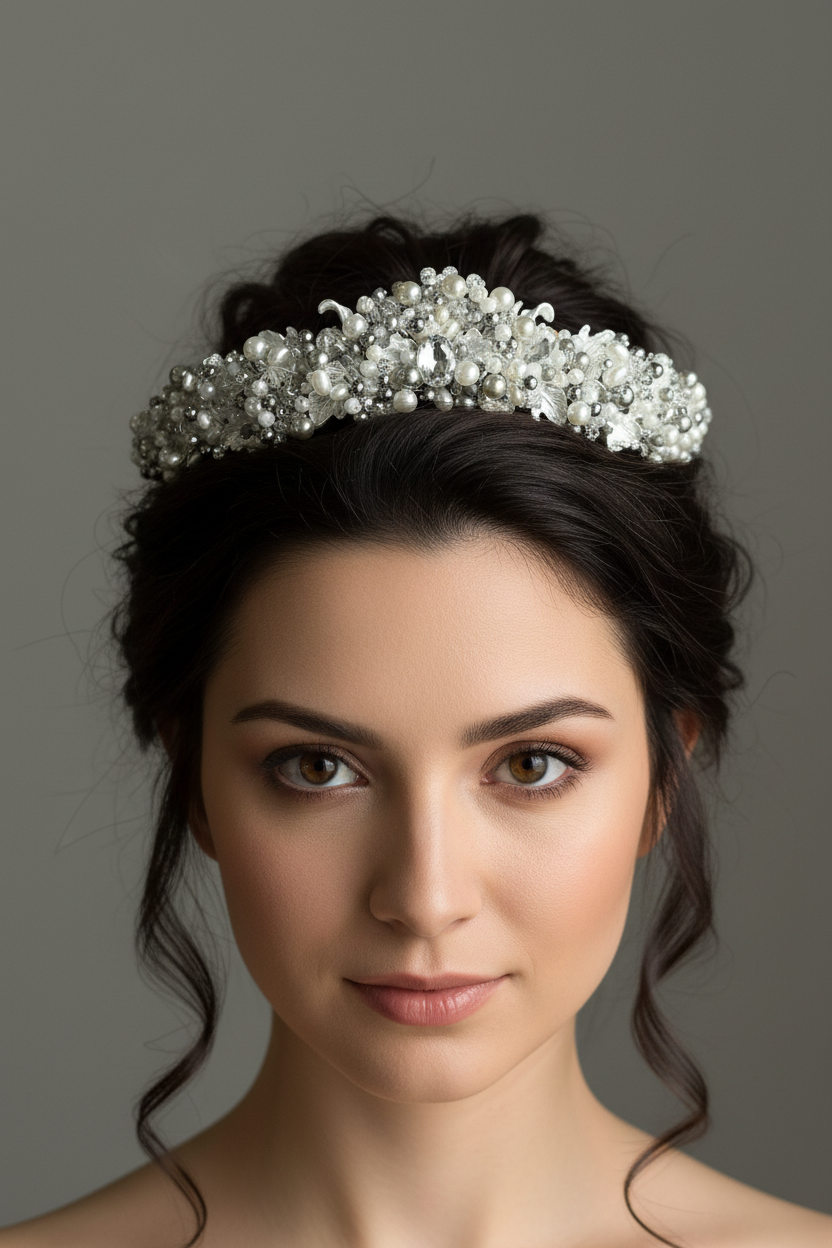 Corona o tiara de novia con cristales y perlas 