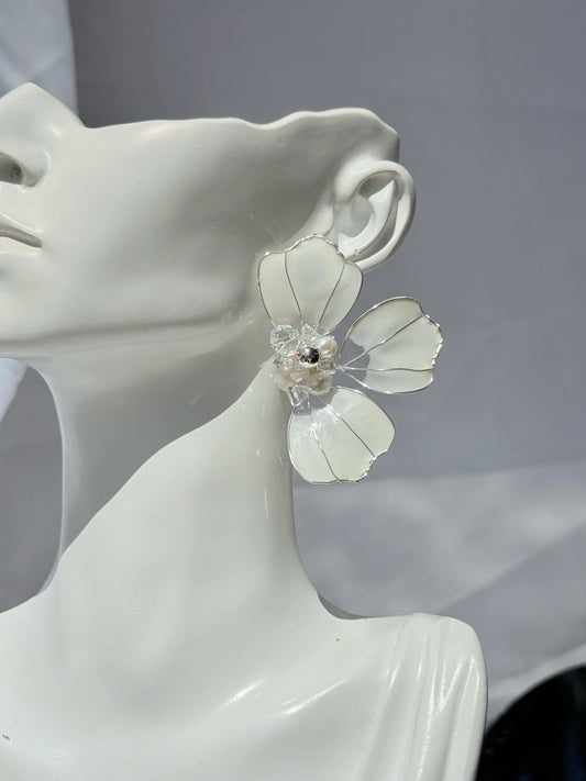 Aros flor de Cristal Blanco Mate y Plata