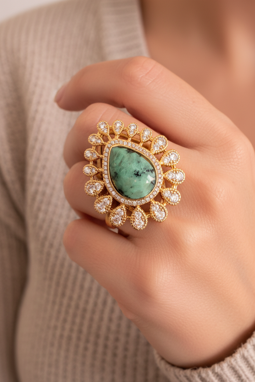 Anillo con jaspe africano verde en corte gota bañado en oro 18K con halo de circones Regalo día de la madre 