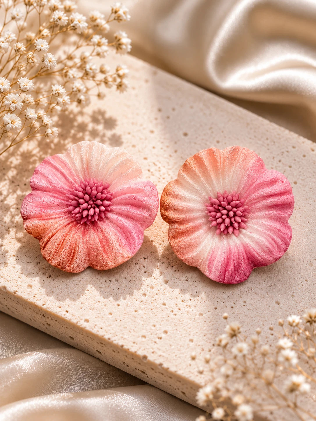 Aros maxi flor de terciopelo degradé rosa pastel, grandes y livianos