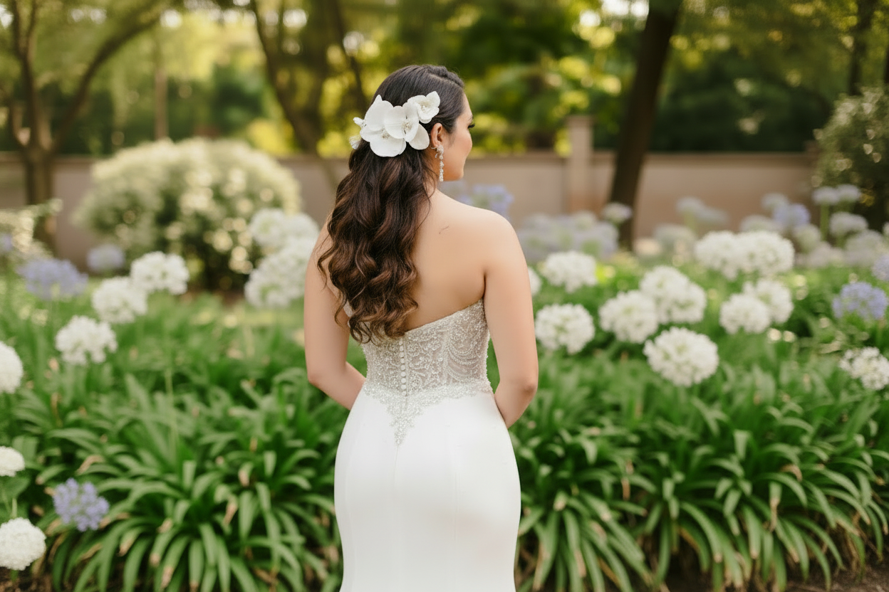 Tocado de novia orquídea y perlas naturales 
