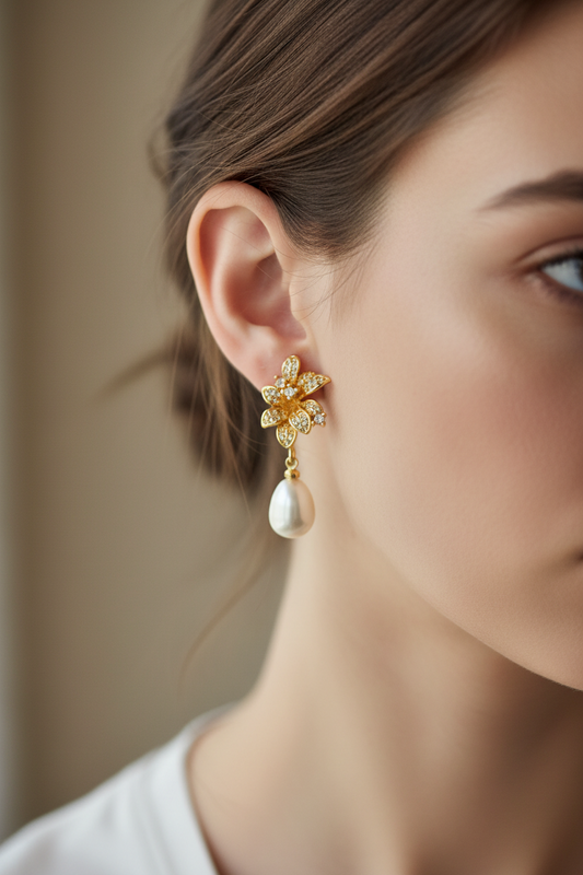 Aros Flor Dorada y Gota de Perla