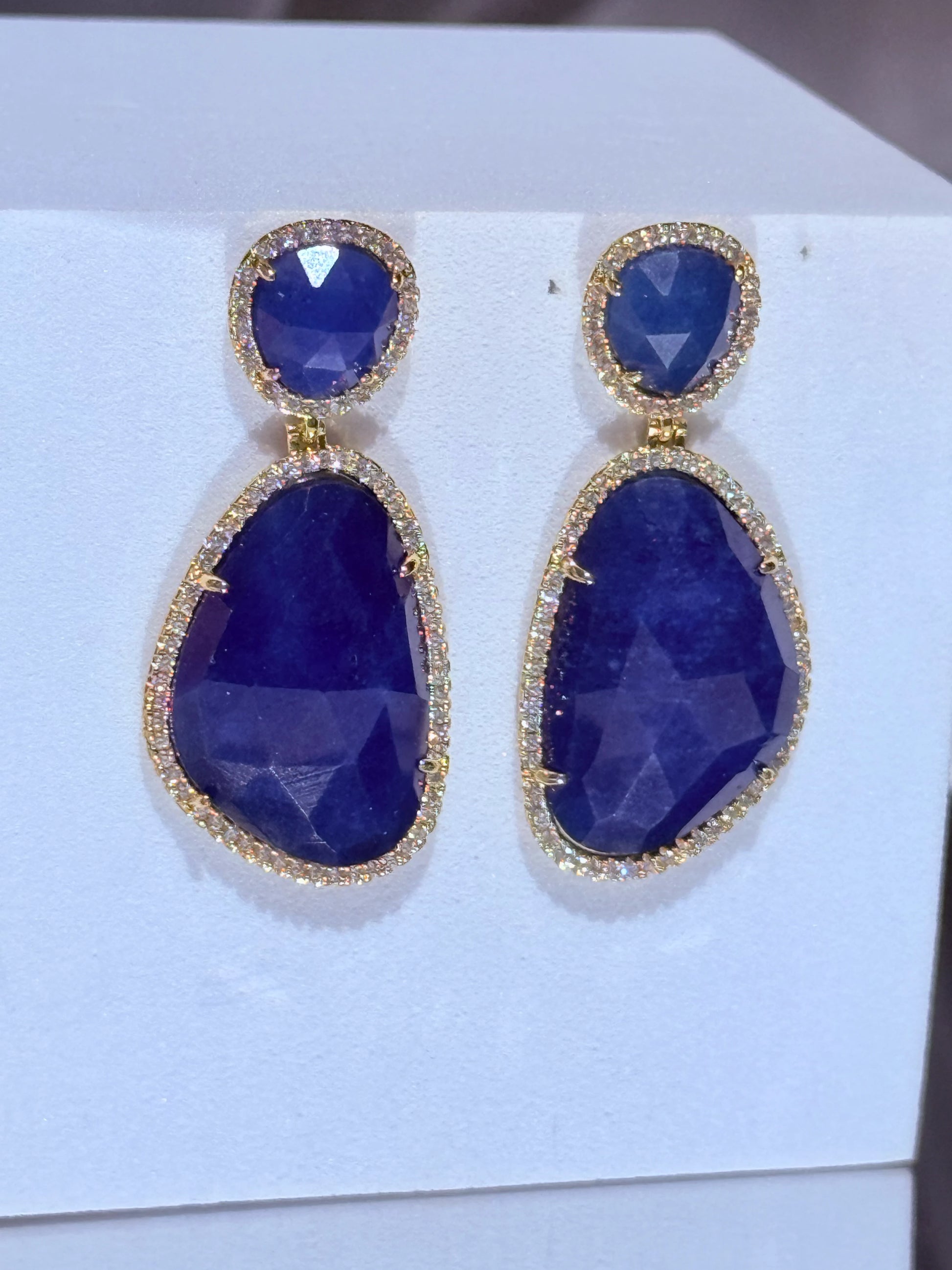 aros piedra azul doble caída con circones bañados en oro