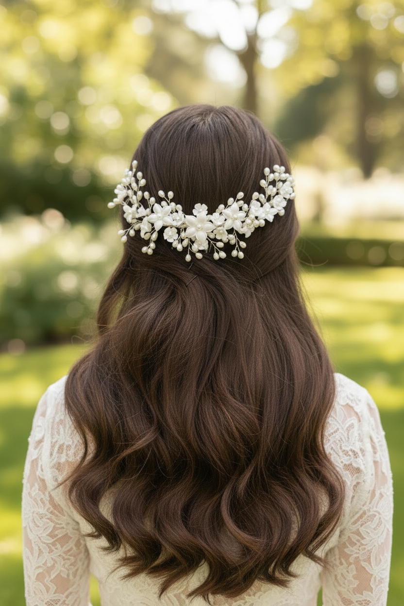Tocado de novia de flores de porcelana y perlas ideal para peinados semi recogidos, sueltos y recogidos 